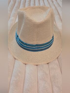 Woven Straw Fedora with Blue Striped Band